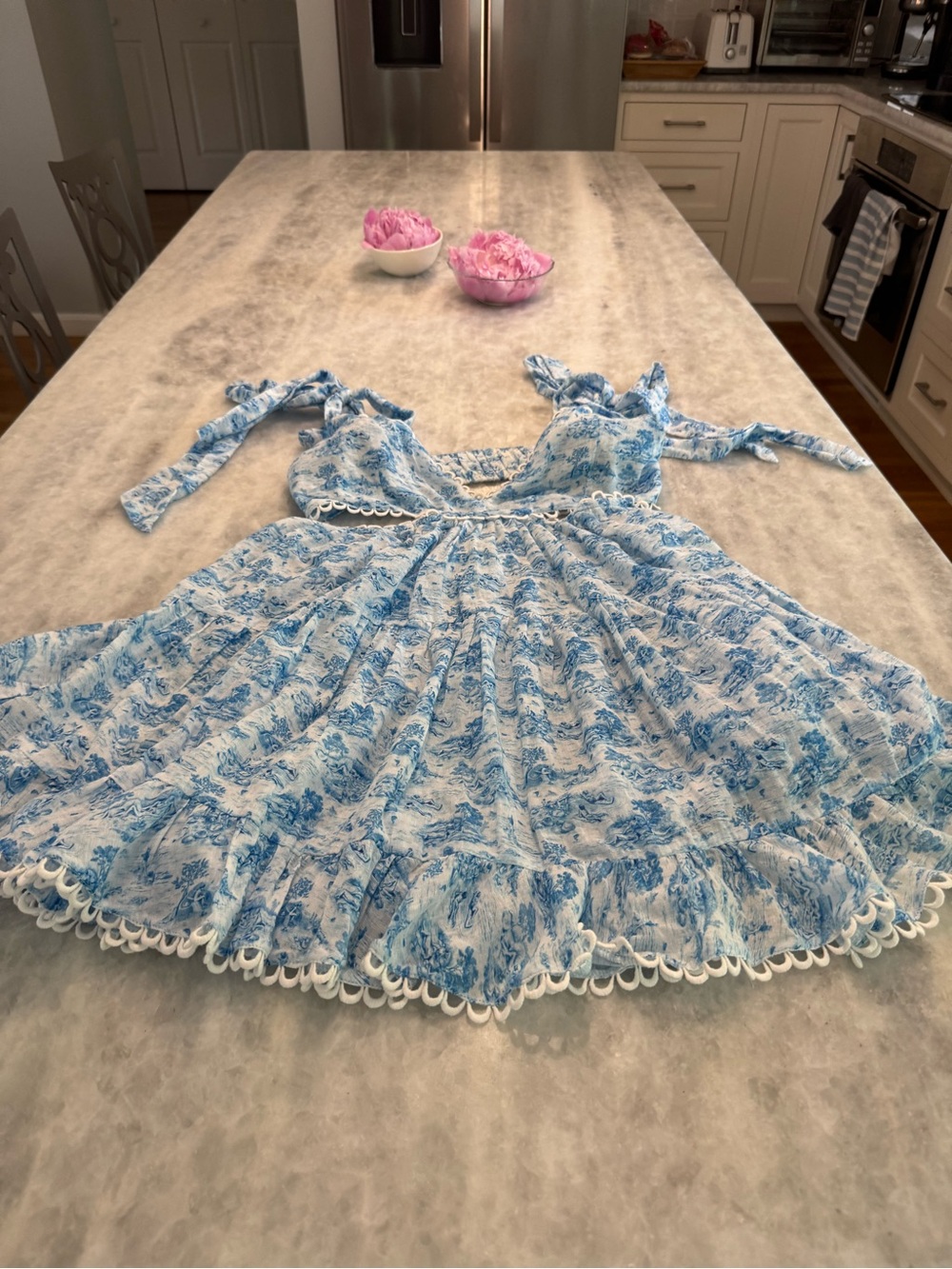 Tularosa Blue Toile Ruffle Tie-Shoulder Mini Dress